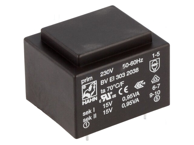 Transformator: ingegoten; 1,9VA; 230VAC; 15V; 15V; 63mA; 63mA; PCB Transformator: ingegoten; 1,9VA; 230VAC; 15V; 15V; 63mA; 63mA; PCB